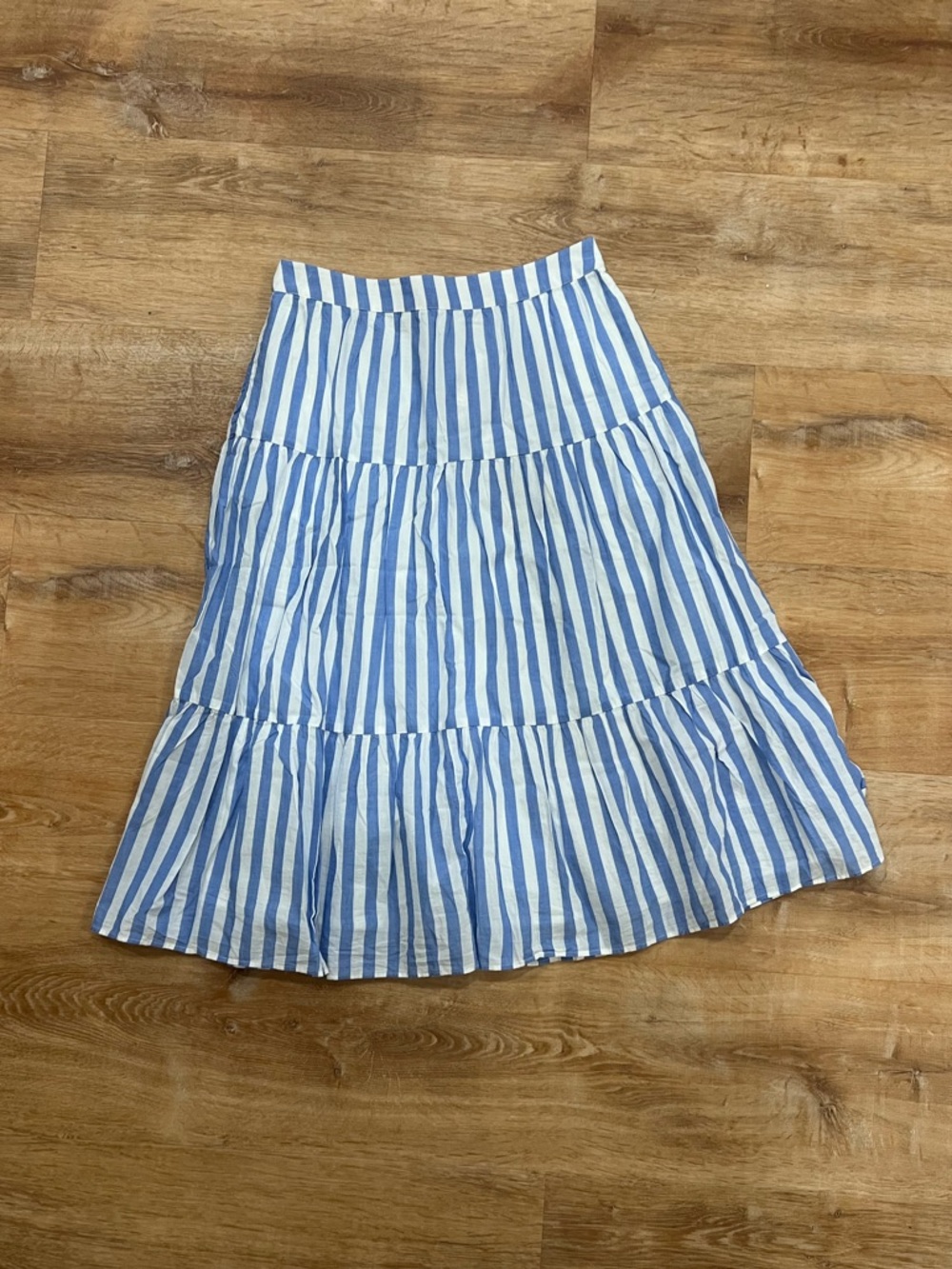 J. Crew Blue and White Striped Tiered Midi Skirt